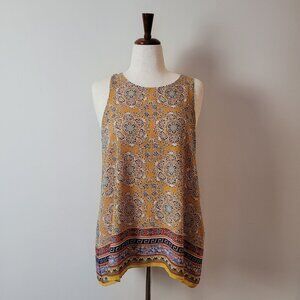 Max Studio Women's L tunic tank mustard yellow blue floral boho layered sheer M